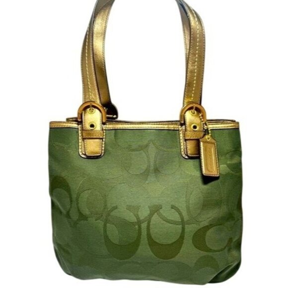 COACH 2011 Soho OP Art Canvas & Leather Tote in Gorgeous Hunter Green & Gold - Picture 1 of 11